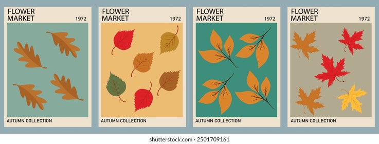 Retro autumn collection Flower Market posters with colorful fall leaves on textured backgrounds. Trendy botanical wall arts with autum leaves. Modern naive funky interior decorations. Vector art.