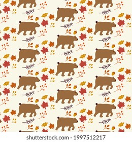 Retro autumn forest with bears, maple leaves and oak acorns seamless pattern.  Cute surface backdrop for wallpaper and gift wrapping paper. Vector illustration. Pattern design added to swatch panel. 