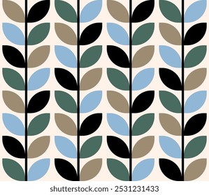 Retro autumn mod leaves green brown Vector Pattern. Midcentury style geometric stems pine green, mushroom brown, sky blue, black seamless pattern.