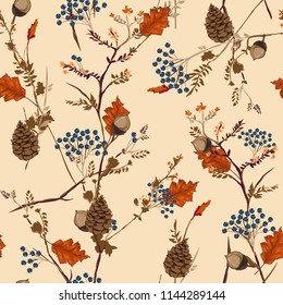 Retro Autumn pattern with  berries,pine cone,nuts,flowers ,branches and leaves Seamless vector . Fall colorful floral background.pattern for fashion,fabric and all prints on stylish brown background.