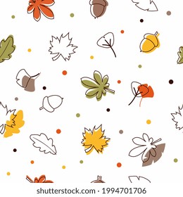 Retro autumn scene with acorns, maple and ginkgo leaves seamless pattern. Surface backdrop for wallpaper and gift wrapping paper. Vintage vector illustration. Pattern design added to swatch panel.