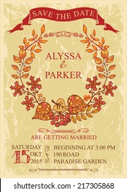 Retro Autumn wedding design template set  with autumn leaves wreath.Autumn leaves,text,numbers,ribbon,swirling border,grunge background.CD or DVD,cover,RSVP,Thank card.Vector design template