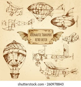 Retro aviation aeronautic transport sketch decorative icons set isolated vector illustration