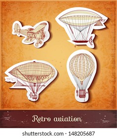 Retro aviation collection in vintage style. Realistic shadows. Vector illustration. 