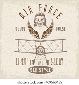 retro aviation grunge vector design with skull,airplane and wings
