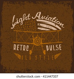 retro aviation grunge vector design with airplane and wings