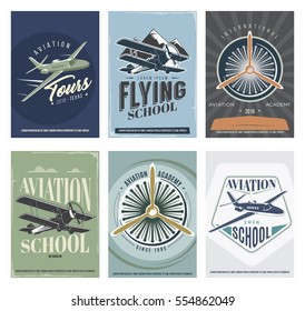 Retro Aviation set of 6 posters. Vintage Vector Airplane Labels, design elements and emblems. Vector illustration. Isolated.
