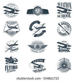 Retro Aviation set of monochrome badges. Vintage Vector Airplane Labels, design elements and emblems. Vector illustration. Isolated.
