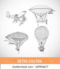 Retro aviation sketch collection isolated on white, Vector illustration.