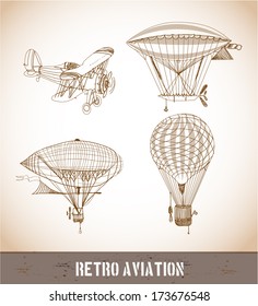 Retro aviation sketch collection in vintage style. Vector illustration.