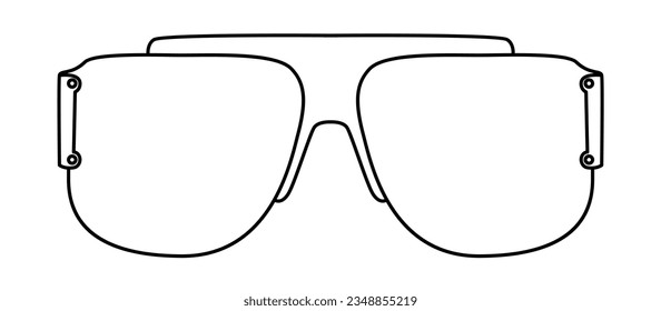 Retro Aviator frame glasses fashion accessory illustration. Sunglass front view for Men, women, unisex silhouette style, flat rim spectacles eyeglasses with lens sketch style outline isolated on white
