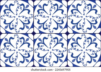Retro Azulejo Mosaic Tile, Vintage Portuguese Wall Ceramic Seamless Pattern, Old Blue Tiles Background, Abstract Flower Tile