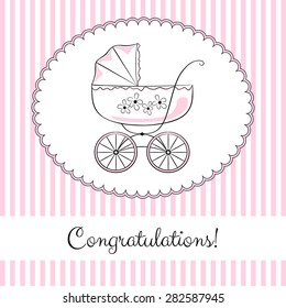 Retro baby carriage in frame on the striped background. Elegant sketch-like image with color accents. Congratulations card design, variant for a girl.