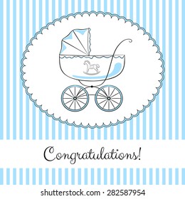 Retro baby carriage in frame on the striped background. Elegant sketch-like image with color accents. Congratulations card design, variant for a boy.