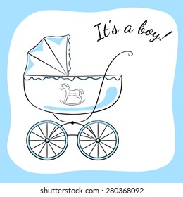 Retro baby carriage. Sketch-like image with color accents, variant for a boy. Baby arrival announcement card design.