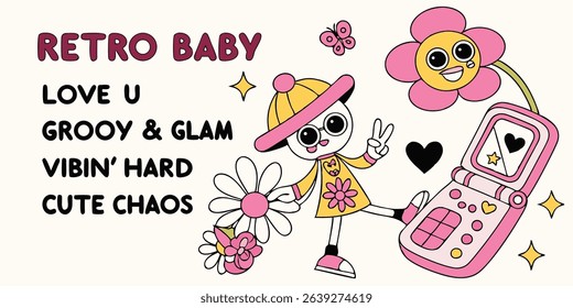Retro baby cartoon illustration featuring vibrant colors smiley face flowers peace signs and vintage flip phone design