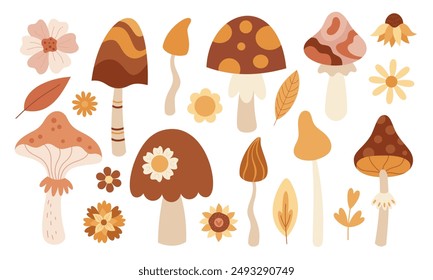 Retro baby clipart. Groovy baby clipart in cartoon flat style. Mushroom and floral clip art. Hand drawn illustration