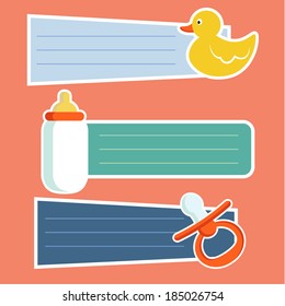 Retro baby icons set template with toddler symbols and place for text. Useful as sticker or label for your design. 