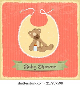 retro baby shower card with teddy bear, vector format