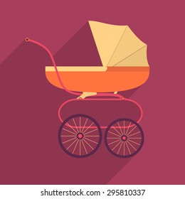 Retro baby stroller flat square icon with long shadows. Vector
