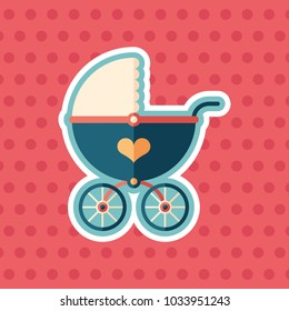 Retro baby stroller sticker flat icon with color background.