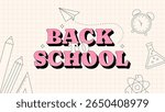 Retro back to school banner with minimalist outline icons on grid paper background. Vector illustration