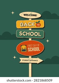 Retro Back to School poster with vintage school signboard, welcome message, first day of school and student entrance arrow. Vector illustration in classic mid century 1950s Americana style