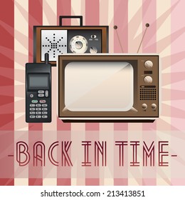 Retro, back in time - mobile phone, radio and TV with old fashioned background