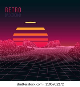 Retro background. 1980-s style digital wireframe landscape with moon. Vector illustration
