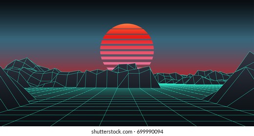 Fundo retrô. 1980 estilo paisagem wireframe digital com lua. Ilustração vetorial