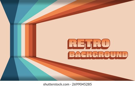 Fondo retro con perspectiva de túnel 3D en tonos naranja, verde azulado y beige y tipografía vintage audaz, diseño de Vector geométrico inspirado en el estilo gráfico de los años 70