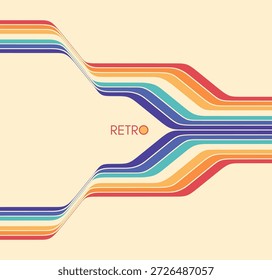 Fondo retro de los años 60, 70 u 80. Un patrón de rayas de colores cortadas en el medio. Cintas curvas Abstractas y dinámicas. Plantilla de diseño de la cubierta. Vector para folleto, póster, tarjeta o presentación.