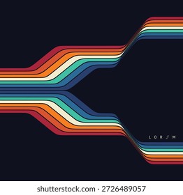Retro background from the 60s, 70s, or 80s. A pattern of colorful stripes cut in the middle. Abstract, dynamic curved ribbons. Cover design template. Vector for brochure, poster, card or presentation.