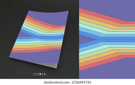 Fondo retro de los años 60, 70 u 80. Un patrón de rayas de colores cortadas en el medio. Cintas Abstractas. Diseño de libro de tapa blanda. Plantilla de diseño de la cubierta. Vector para folleto, cuaderno o bloc de notas.