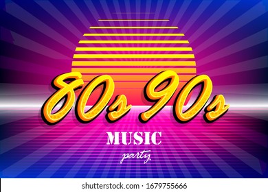 Antecedentes retro en estilo pop de los años 90. Banner de la fiesta de la discoteca Vapor wave con colores de neón. Cómic de arte pop texto neón futurista puesta de sol
