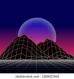 Retro background the 80s. Futuristic vector wave. 1980s cyberpank illustration.
