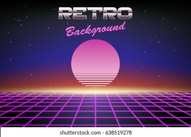 Retro background 80s, sun or planet on abstract backdrop, vector wallpaper