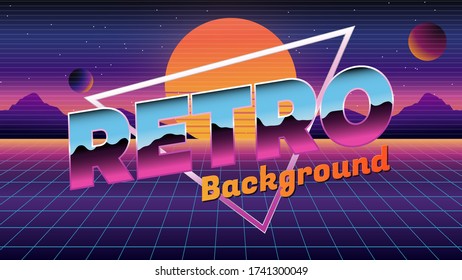 Retro background. The 80s. Vector illustration. Planets on a Neon Background
