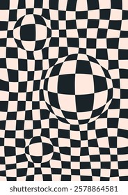 Retro background with abstract psychedelic checkerboard. Groovy checkered pattern. Trendy plaid vector texture in abstract y2k style. Vector graphic for posters and art prints.