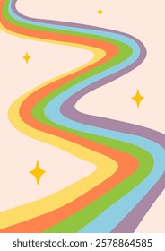 Retro background with abstract psychedelic rainbow. Groovy waves in warm retro colors. Trendy twisted funky vector texture in abstract y2k style. Vector graphic for posters and art prints.