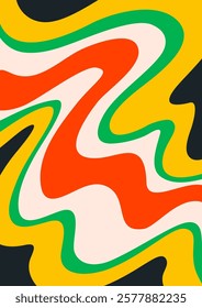 Retro background with Abstract psychedelic wavy pattern. Groovy waves in warm retro colors. Trendy twisted liquid texture in abstract y2k style. Vector graphic for posters and art prints