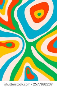 Retro background with Abstract psychedelic wavy pattern. Groovy waves in warm retro colors. Trendy twisted liquid texture in abstract y2k style. Vector graphic for posters and art prints