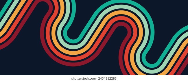 Retro background, Abstract background of rainbow groovy Wavy Line design Hippie Retro style.	