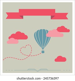 Retro background with aerostat flying in the clouds, romantic vector illustration 