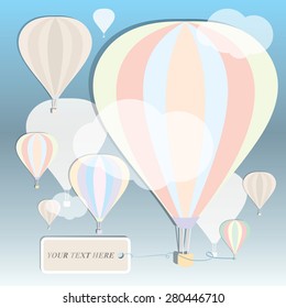 Retro background with aerostats and an advertising banner flying in the clouds.