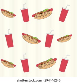 Retro background with appetizing hot dogs and drinks. Vector format