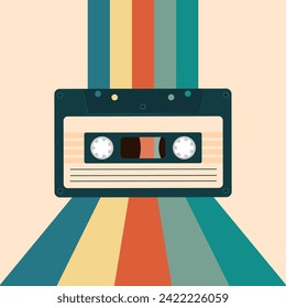 Retro background with audio cassette 70s 80s style. Party poster template.