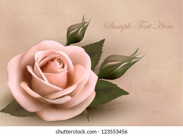 Retro background with beautiful pink rose with buds. Vector illustration.