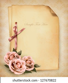 Retro background with beautiful pink rose and old paper. Vector illustration.