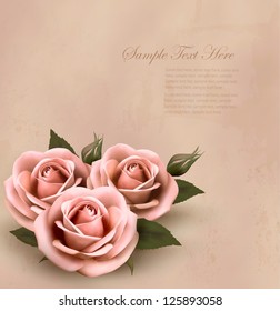 Retro background with beautiful pink roses with buds. Vector illustration.